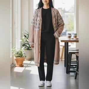 New Max edition Fair Isle Intarsia knit long Cardigan sweater Size Large NEW